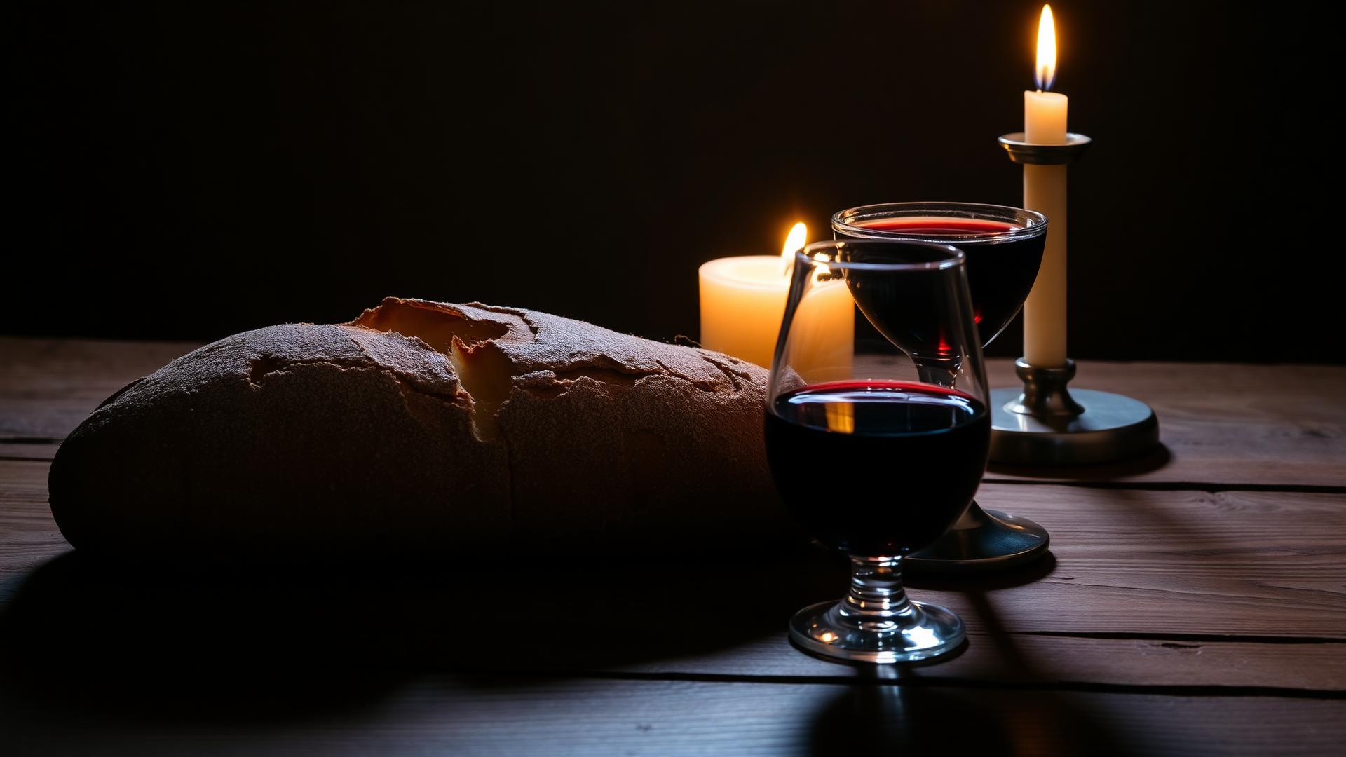 Pan partido y copa de vino sobre mesa de madera